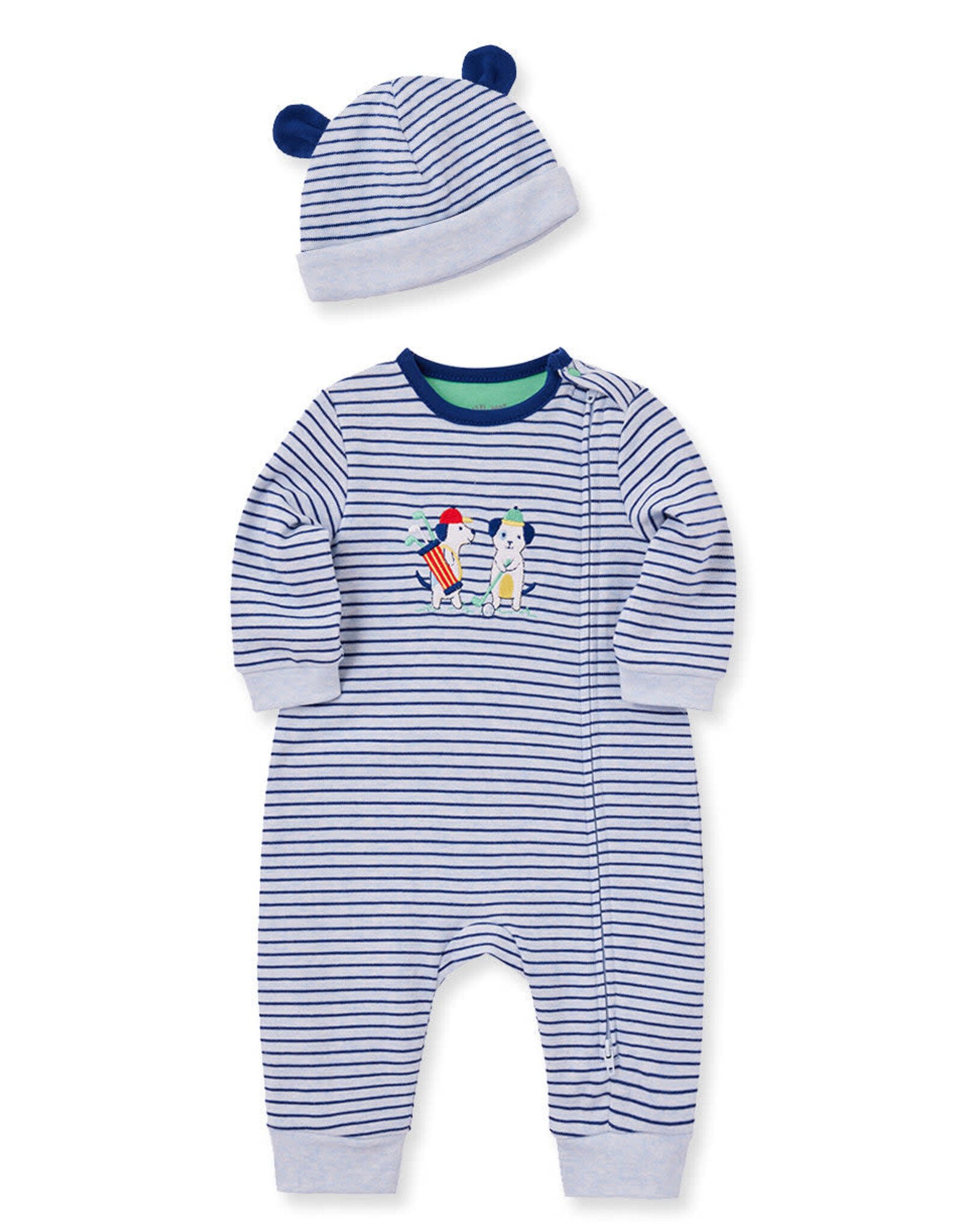 Little Me Putting Puppies Stripe ZIP Coverall & Hat