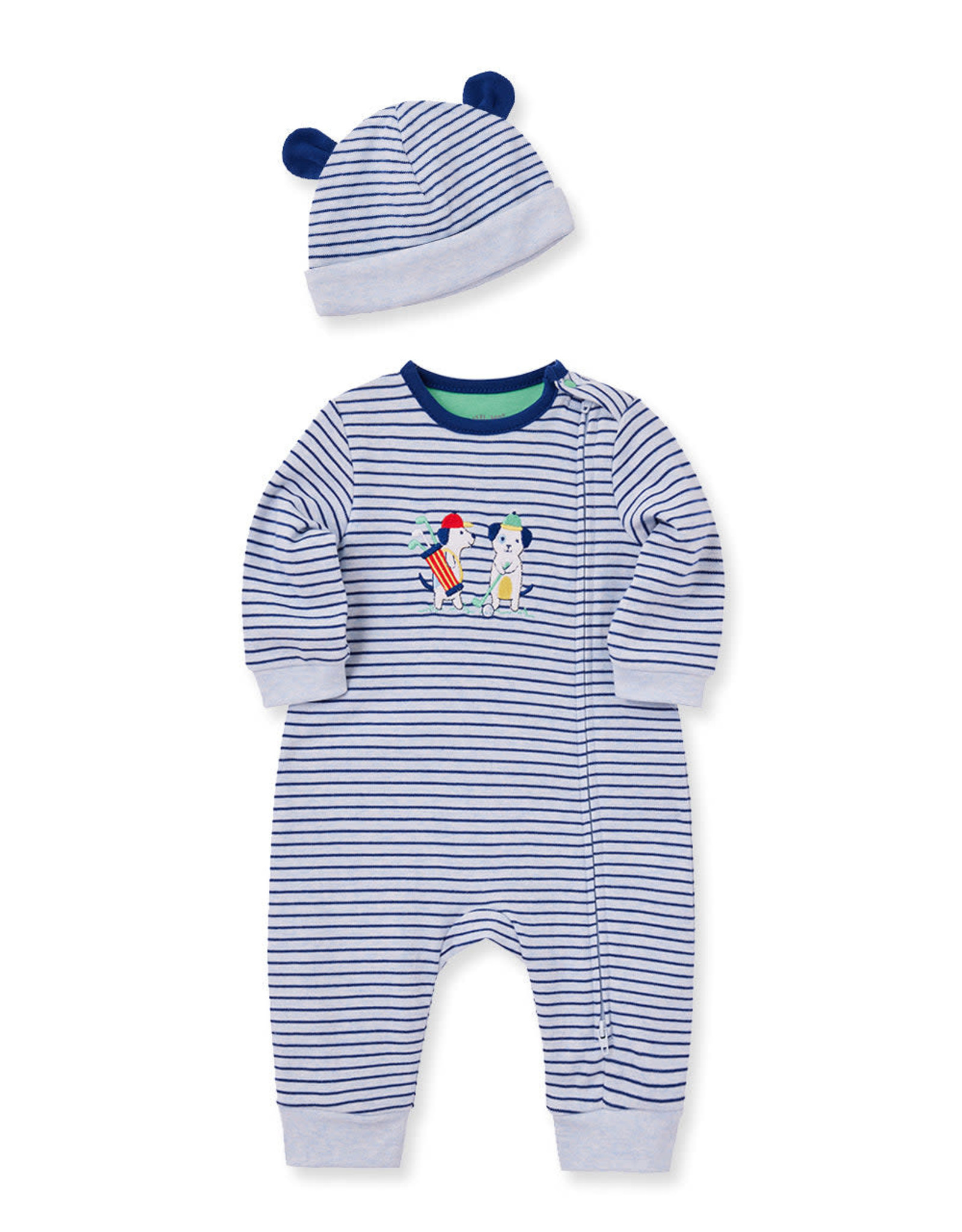 Little Me Putting Puppies Stripe ZIP Coverall & Hat