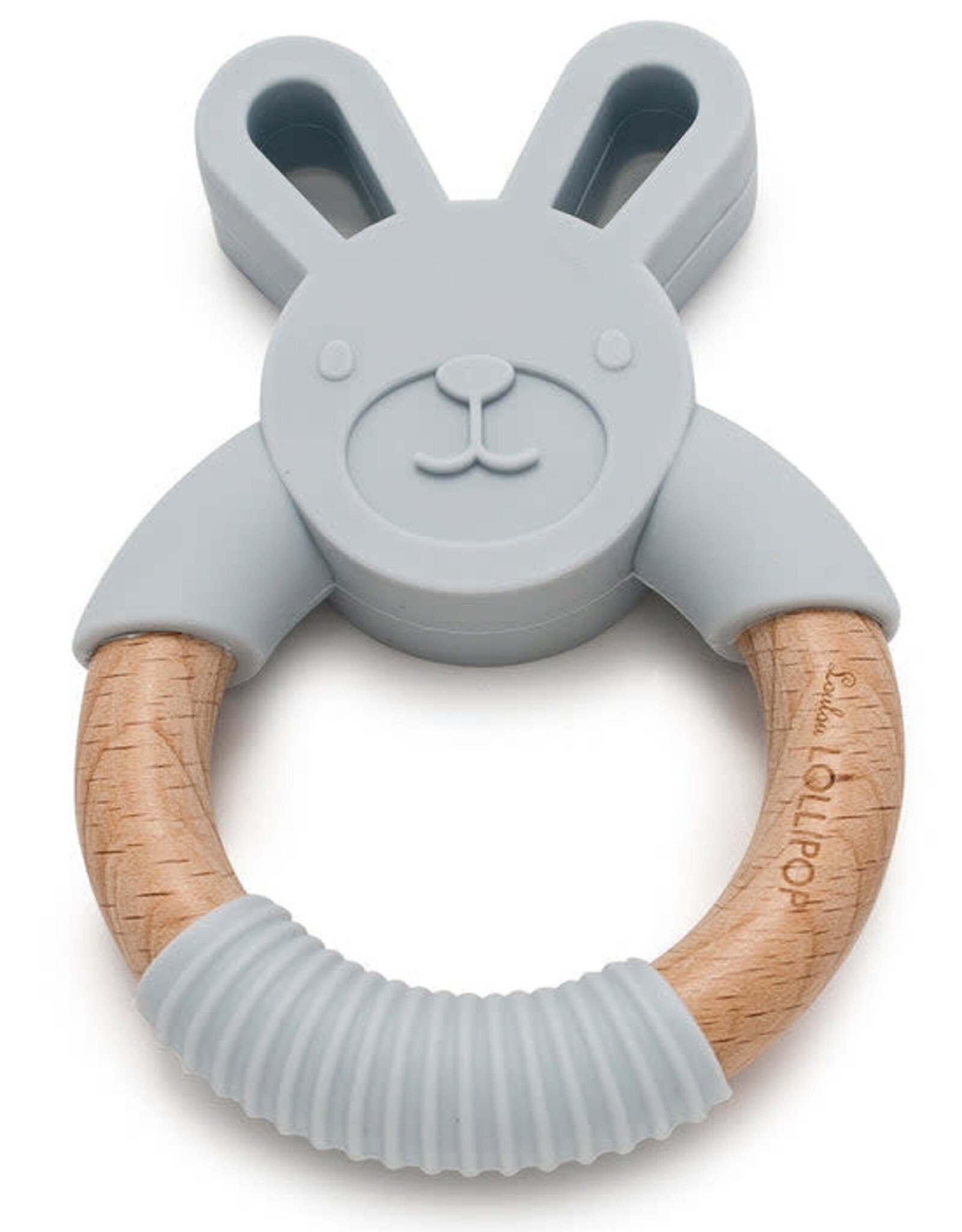 Loulou Lollipop Bunny Silicone and Wood Teething Ring - Light Grey