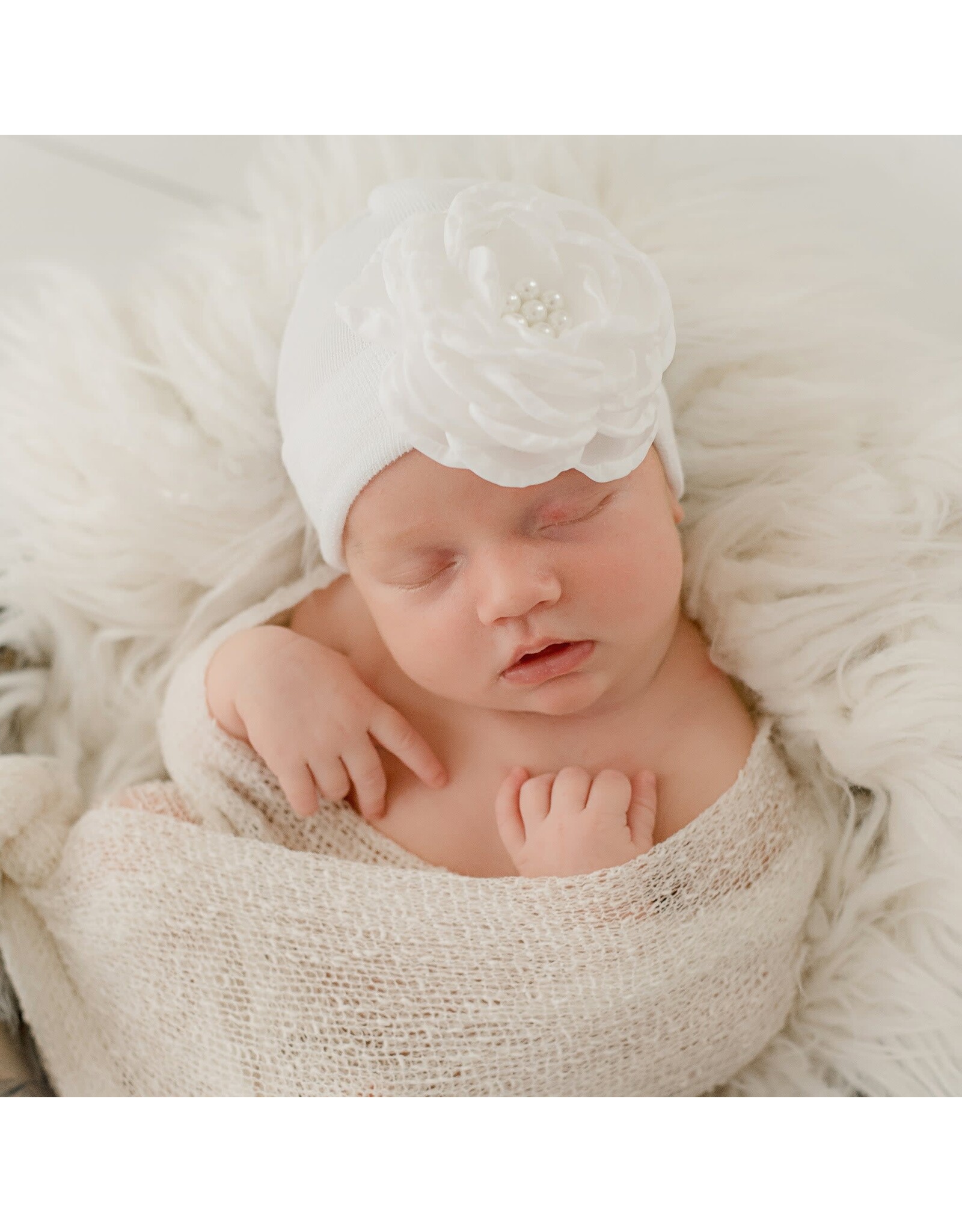 ilybean Nursery Beanie: White Silk Flower