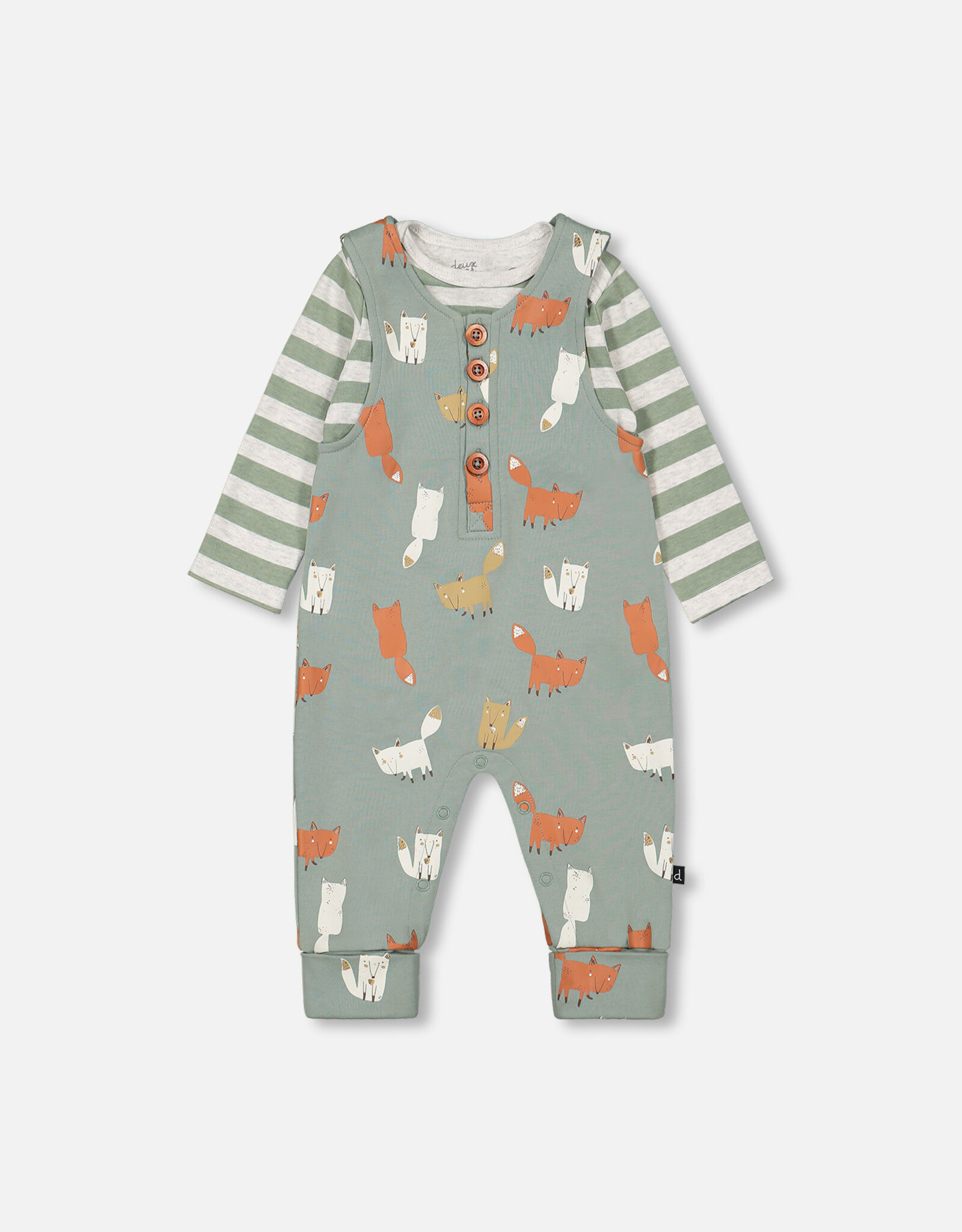 Deux Par Deux Green Stripe Onesie & Fox Overall Set