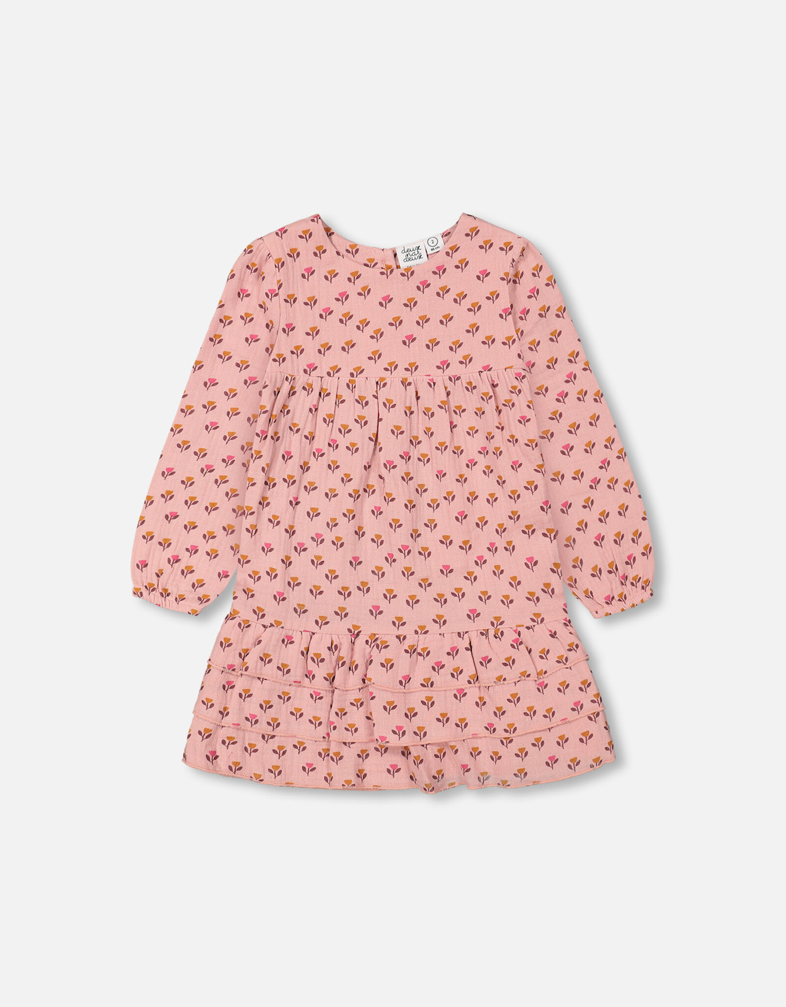 Deux Par Deux Little Pink Flowers Long Sleeve Dress with Frills