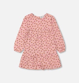 Deux Par Deux Little Pink Flowers Long Sleeve Dress with Frills