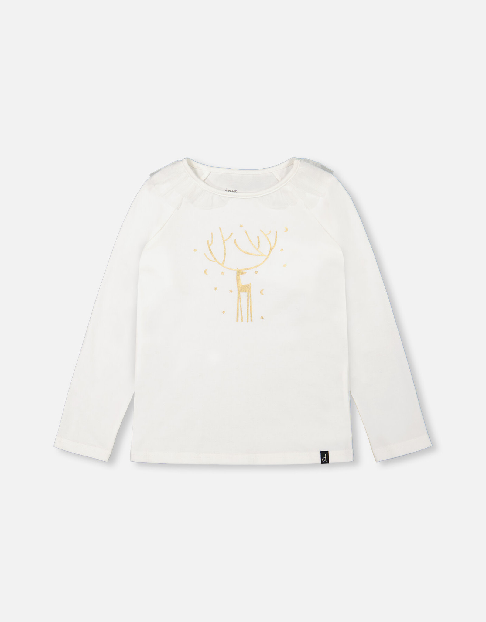 Deux Par Deux Off White Long Sleeve Top With Frills & Print