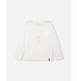 Deux Par Deux Off White Long Sleeve Top With Frills & Print