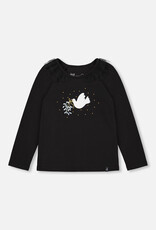 Deux Par Deux Anthracite Long Sleeve Top With Frills & Print