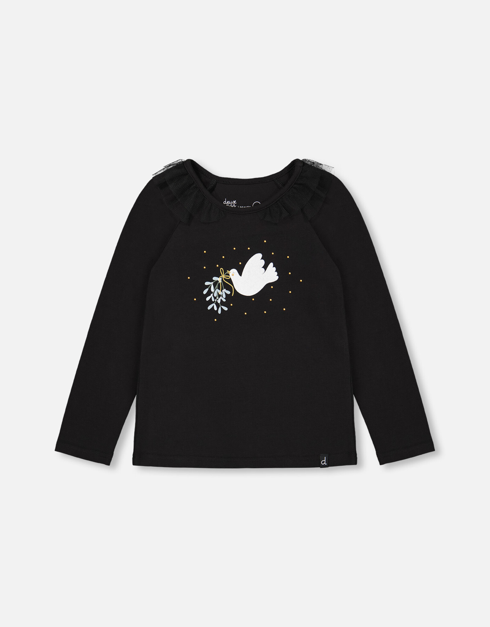 Deux Par Deux Anthracite Long Sleeve Top With Frills & Print