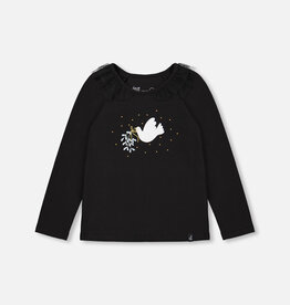 Deux Par Deux Anthracite Long Sleeve Top With Frills & Print