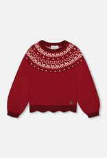 Deux Par Deux Rumba Red Intarsia Sweater with Puff Sleeves