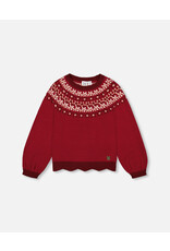 Deux Par Deux Rumba Red Intarsia Sweater with Puff Sleeves