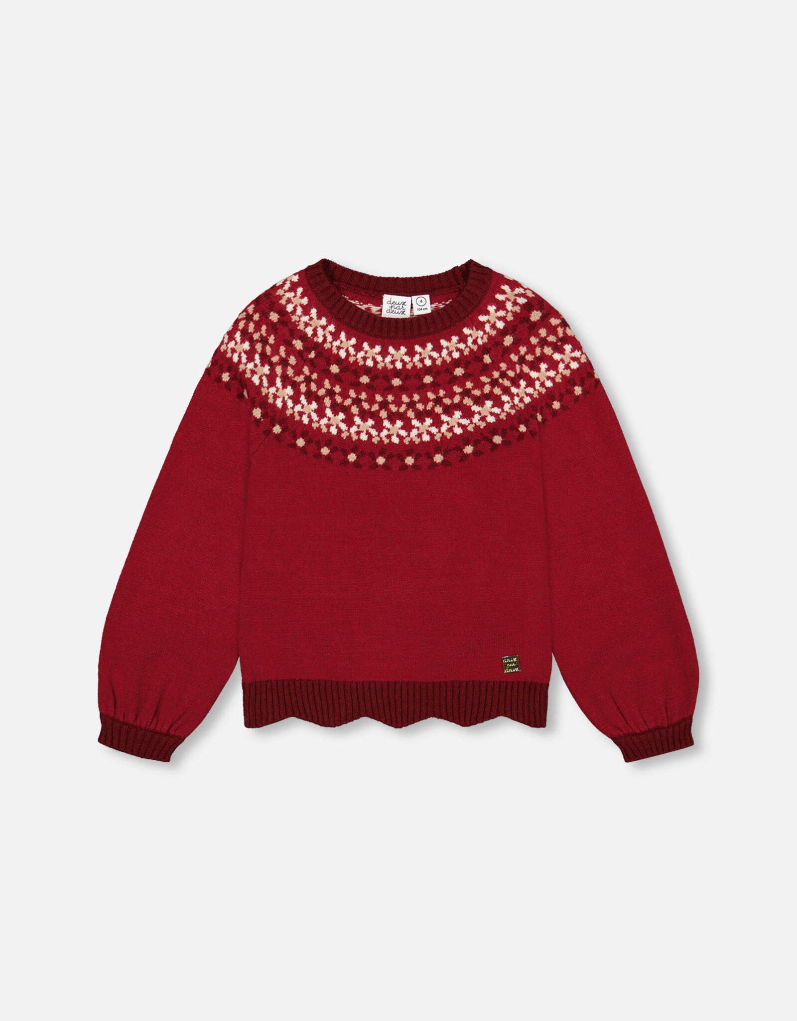 Deux Par Deux Rumba Red Intarsia Sweater with Puff Sleeves