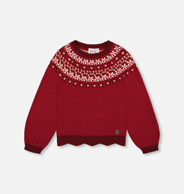 Deux Par Deux Rumba Red Intarsia Sweater with Puff Sleeves