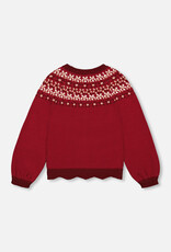 Deux Par Deux Rumba Red Intarsia Sweater with Puff Sleeves