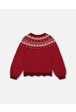 Deux Par Deux Rumba Red Intarsia Sweater with Puff Sleeves