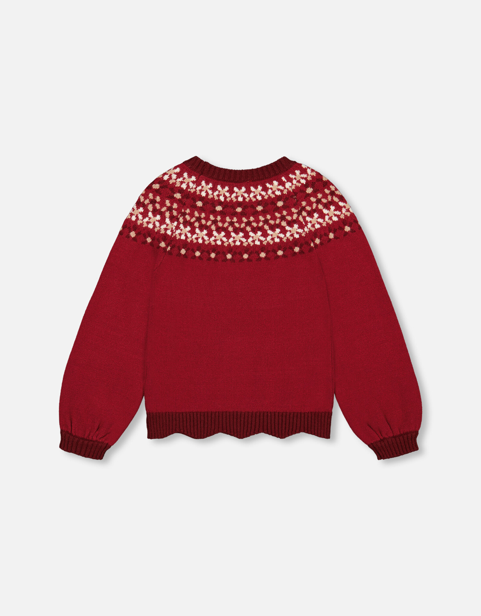 Deux Par Deux Rumba Red Intarsia Sweater with Puff Sleeves