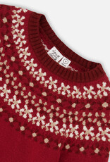 Deux Par Deux Rumba Red Intarsia Sweater with Puff Sleeves