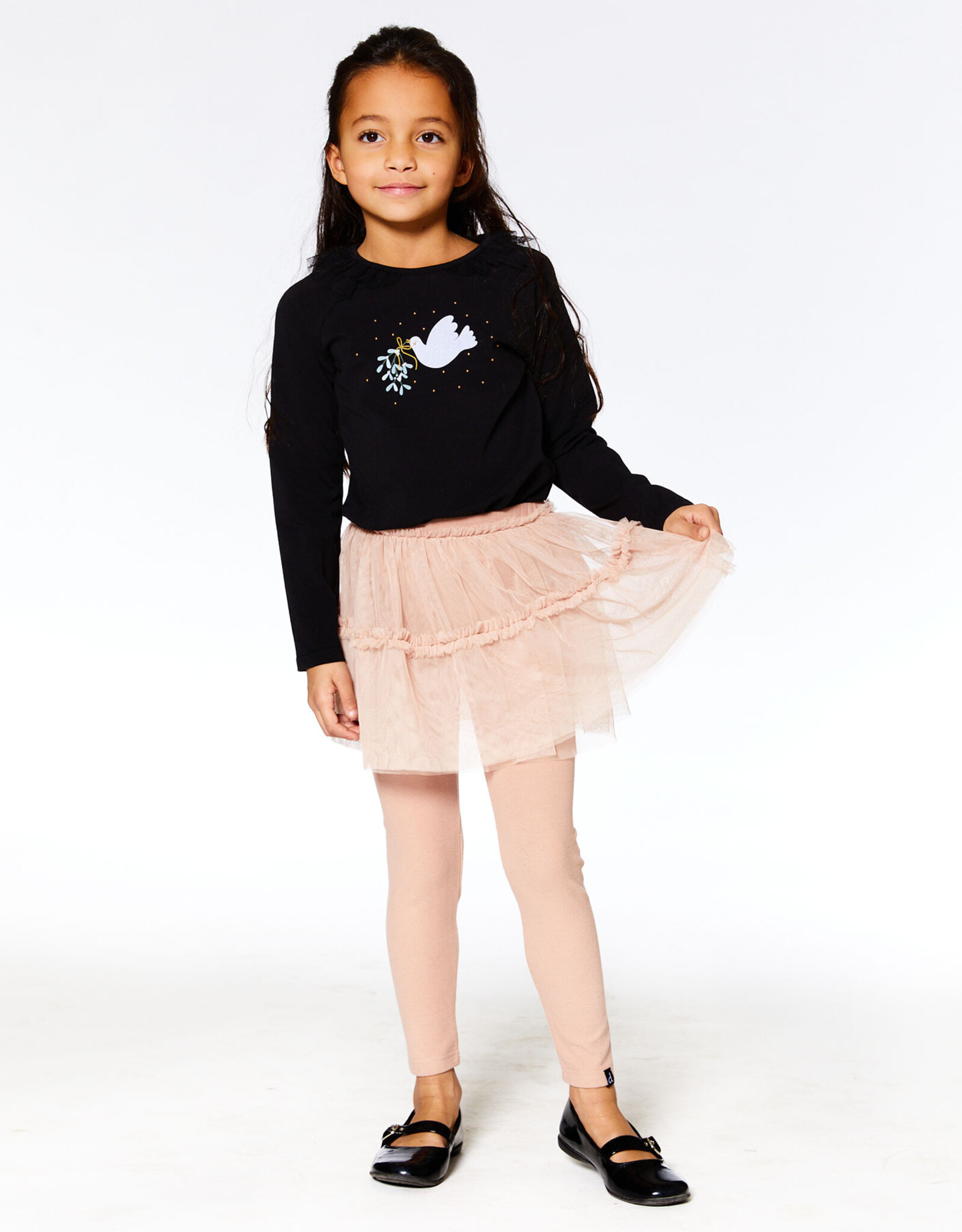 Deux Par Deux Anthracite Long Sleeve Top With Frills & Print