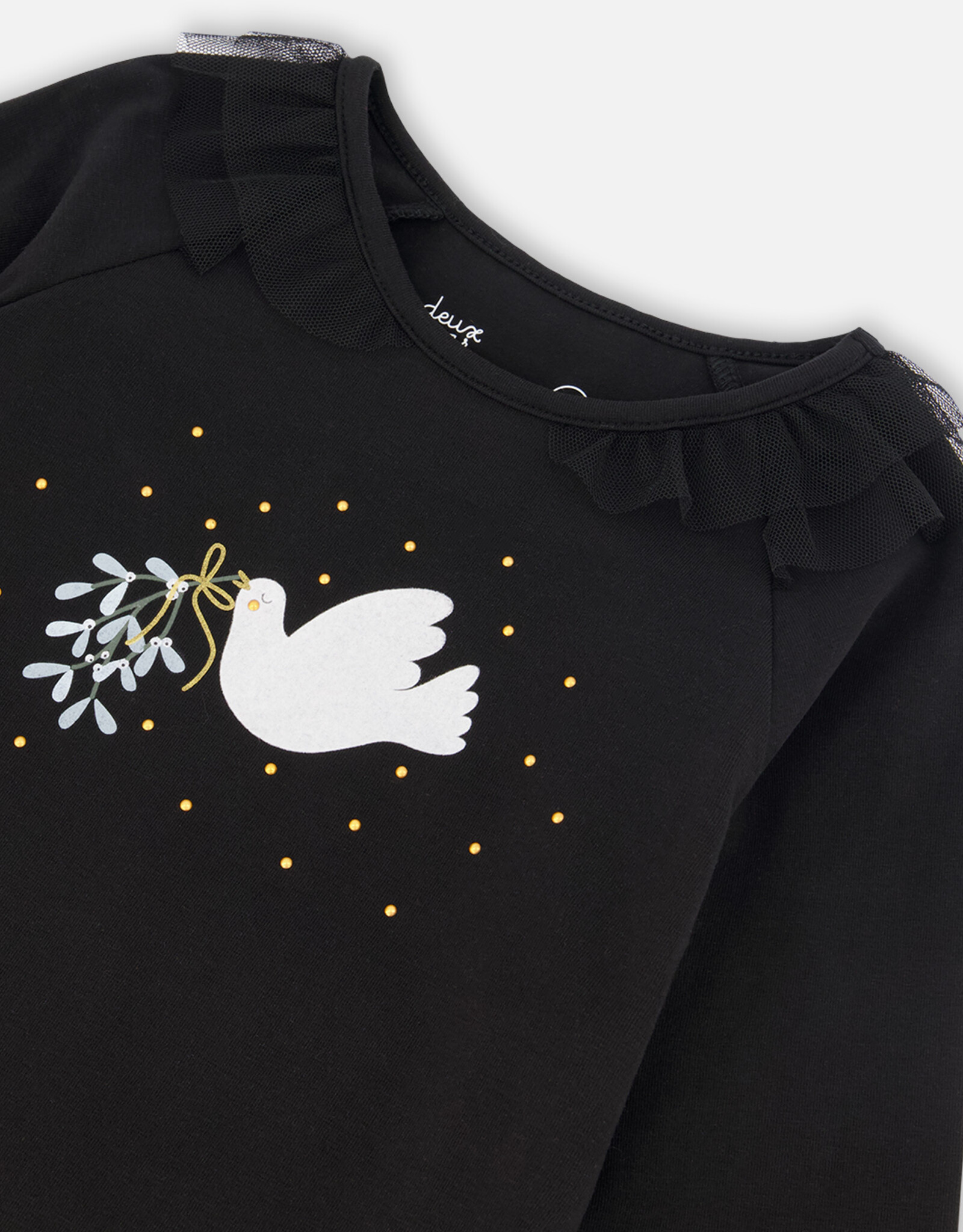 Deux Par Deux Anthracite Long Sleeve Top With Frills & Print