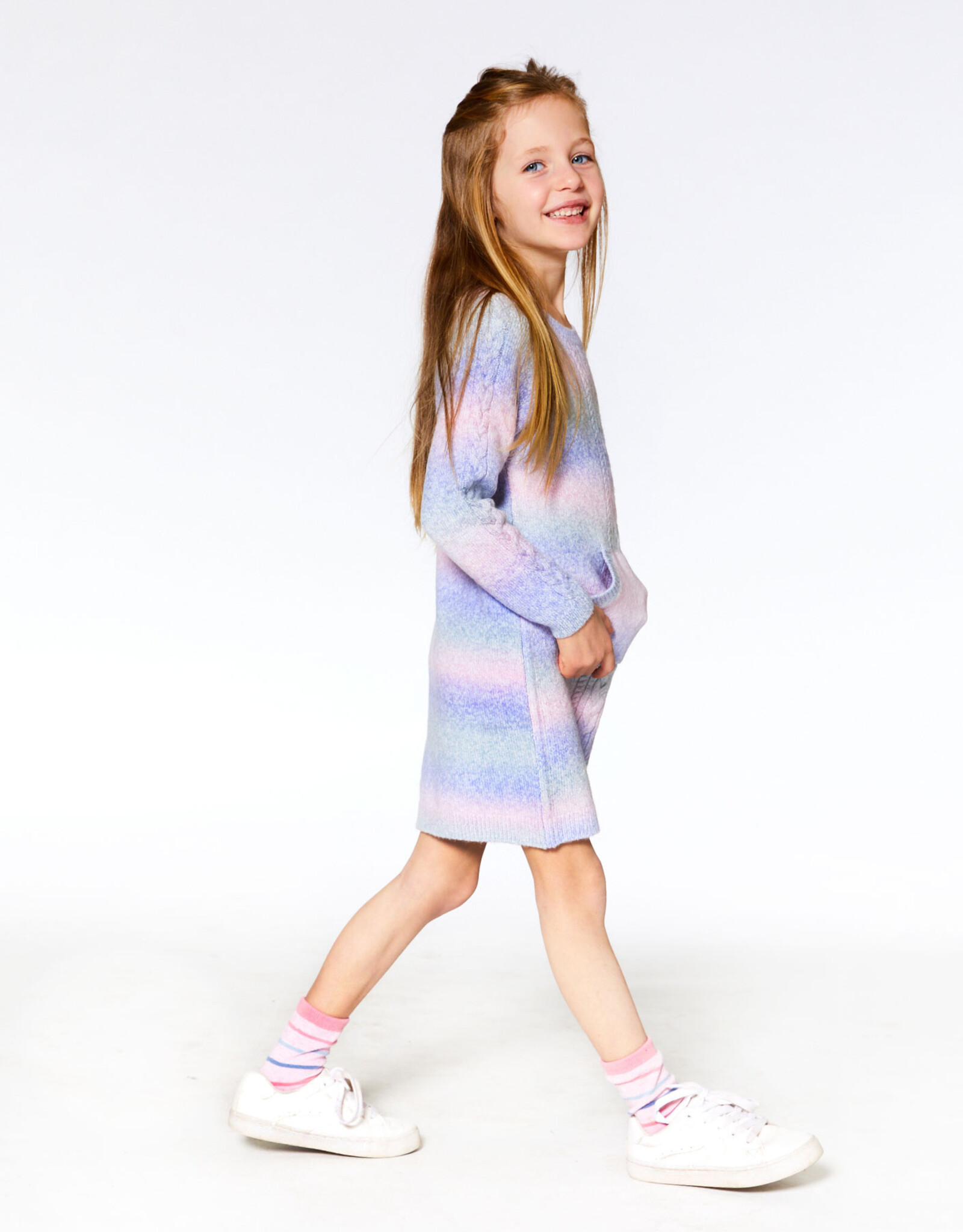 Deux Par Deux Fuschia Pink Color Gradient Sweater Dress with Kangaroo Pocket