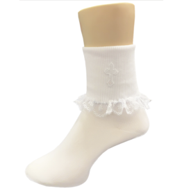 Lito Girls Christening Socks with Embroidered Cross and Lace Trim