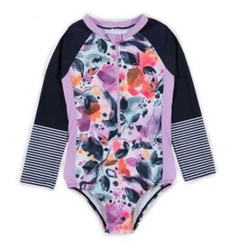 Noruk Pastel Lilac Leaves Long Sleeve One-piece Rashguard Swimsuit