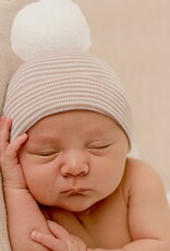 ilybean Nursery Beanie - Tan and White Striped Pom Pom