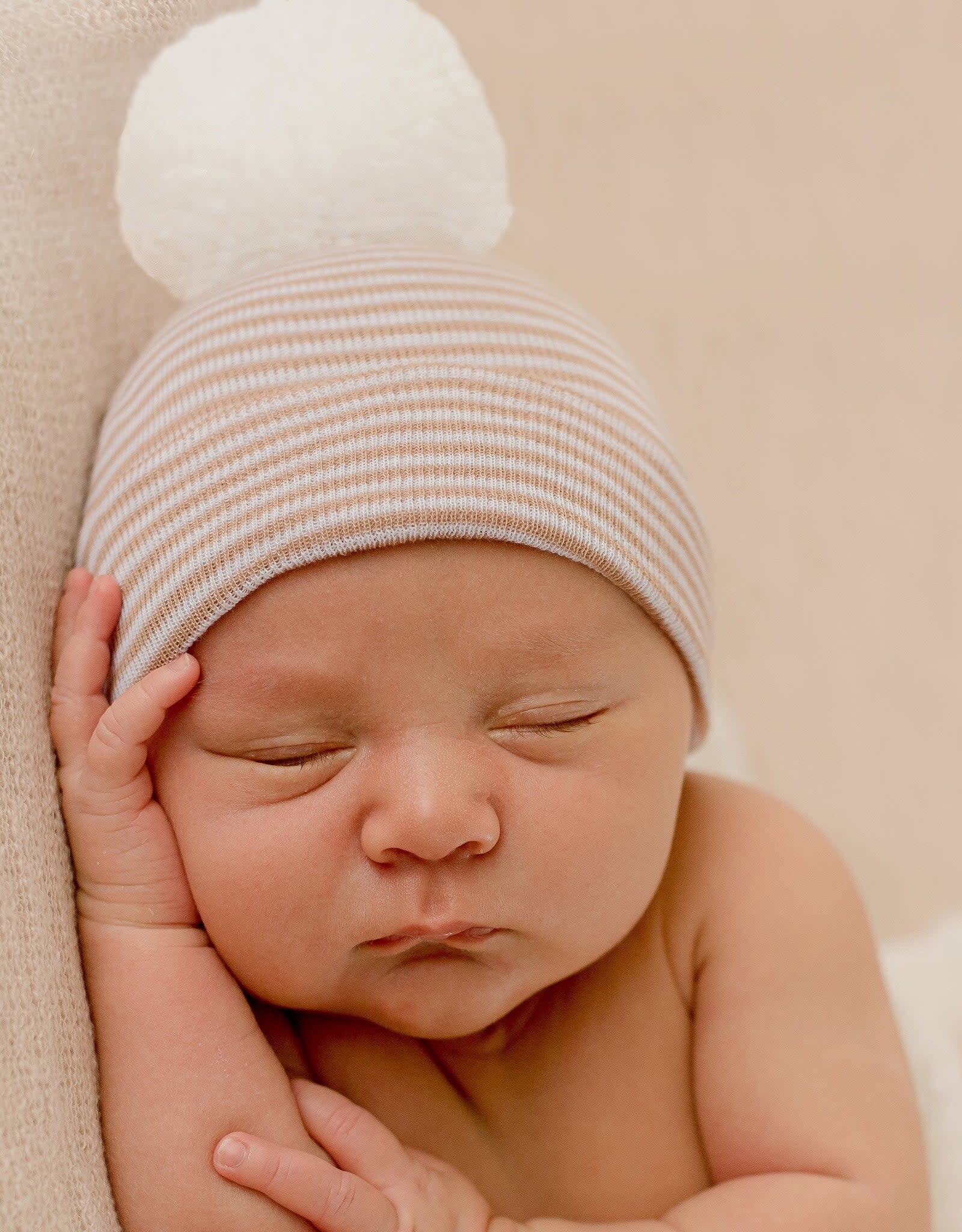 ilybean Nursery Beanie - Tan and White Striped Pom Pom