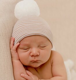 ilybean Nursery Beanie - Tan and White Striped Pom Pom