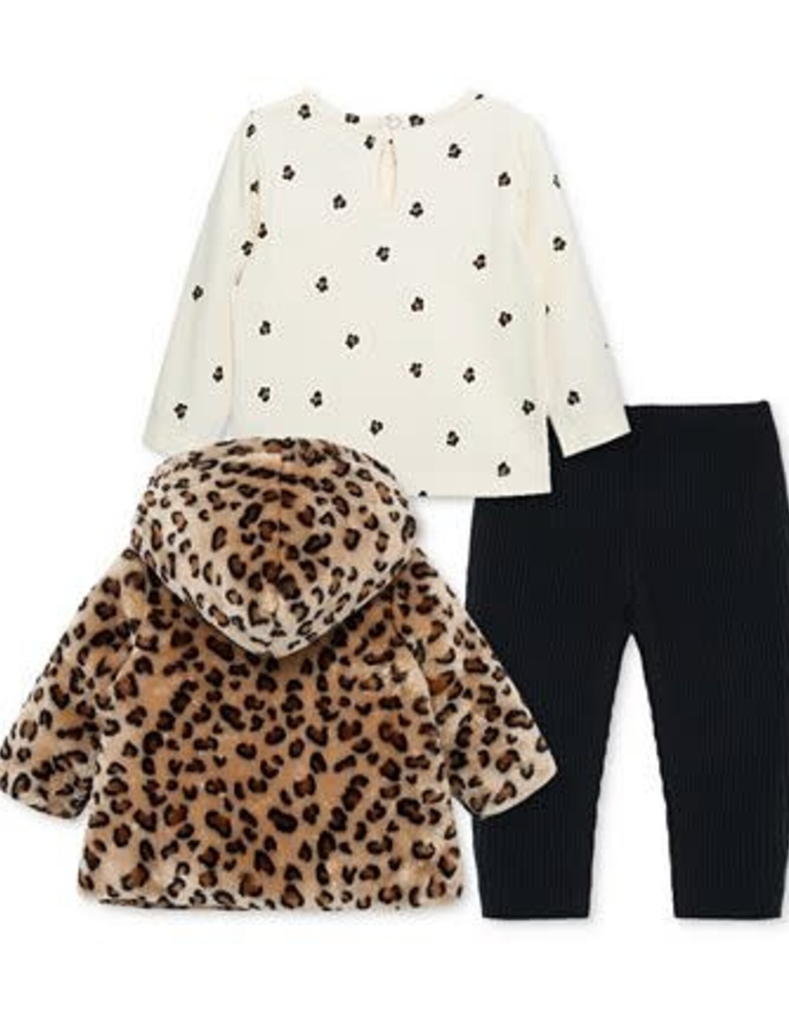 Little Me Leopard Print Faux Fur Jacket, Print T-Shirt & Leggings Set