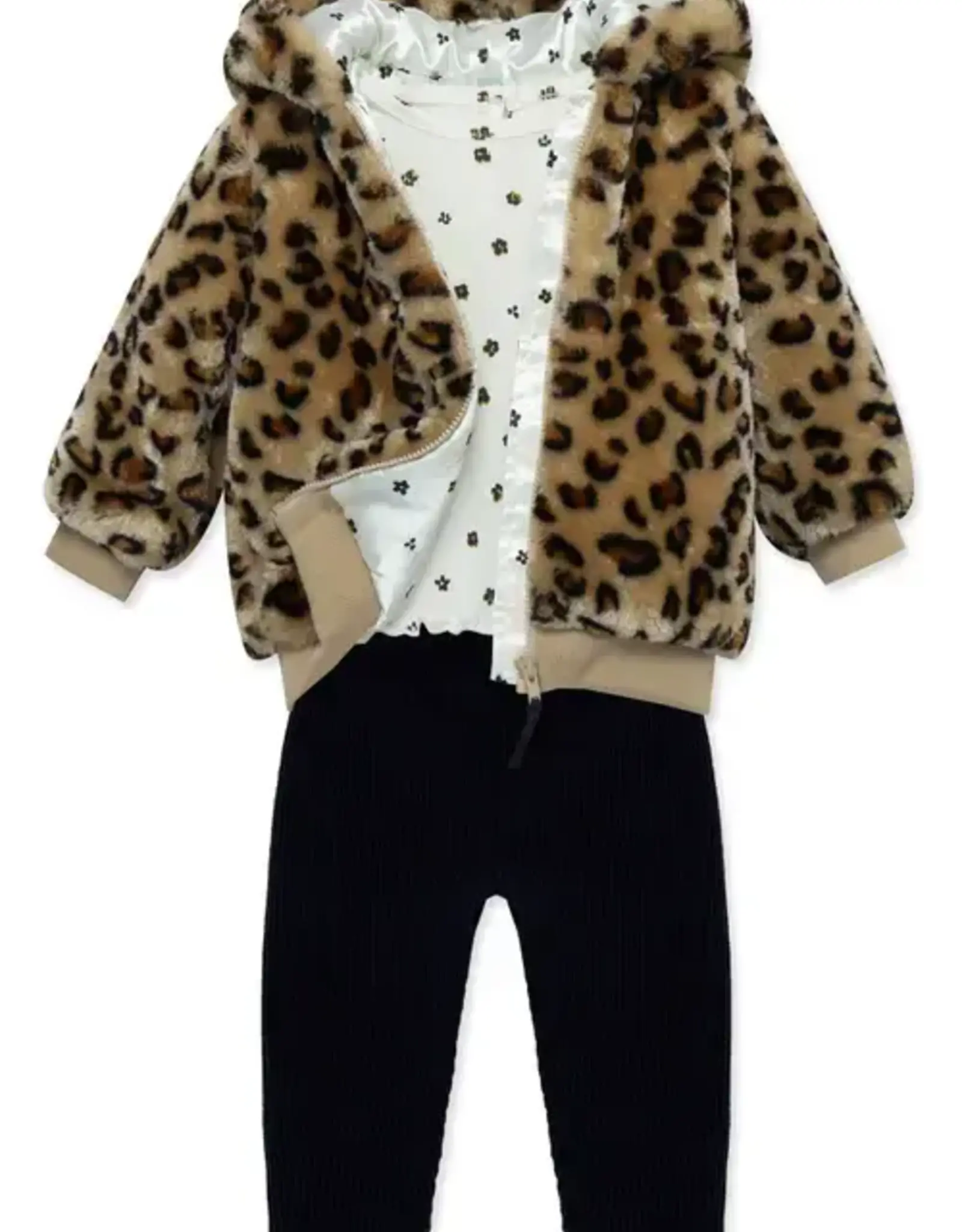 Little Me Leopard Print Faux Fur Jacket, Print T-Shirt & Leggings Set