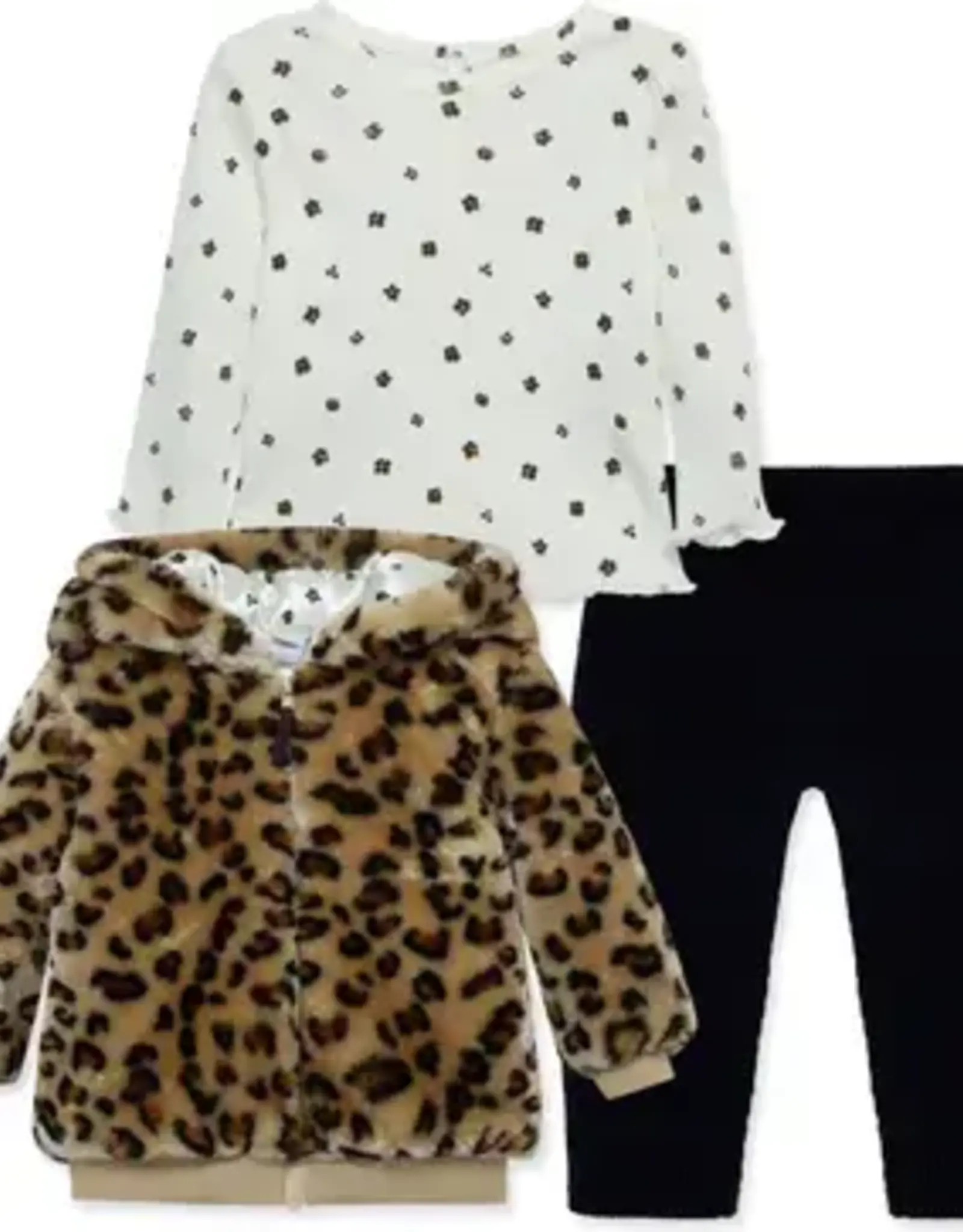 Little Me Leopard Print Faux Fur Jacket, Print T-Shirt & Leggings Set