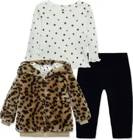 Little Me Leopard Print Faux Fur Jacket, Print T-Shirt & Leggings Set