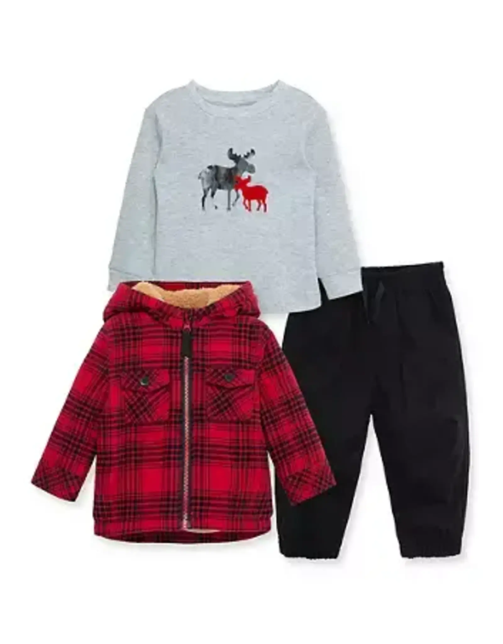 Little Me Plaid Zip-up Hooded Jacket, Long Sleeve Shirt & Joggers Set