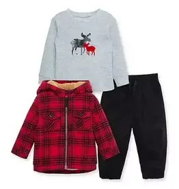 Little Me Plaid Zip-up Hooded Jacket, Long Sleeve Shirt & Joggers Set