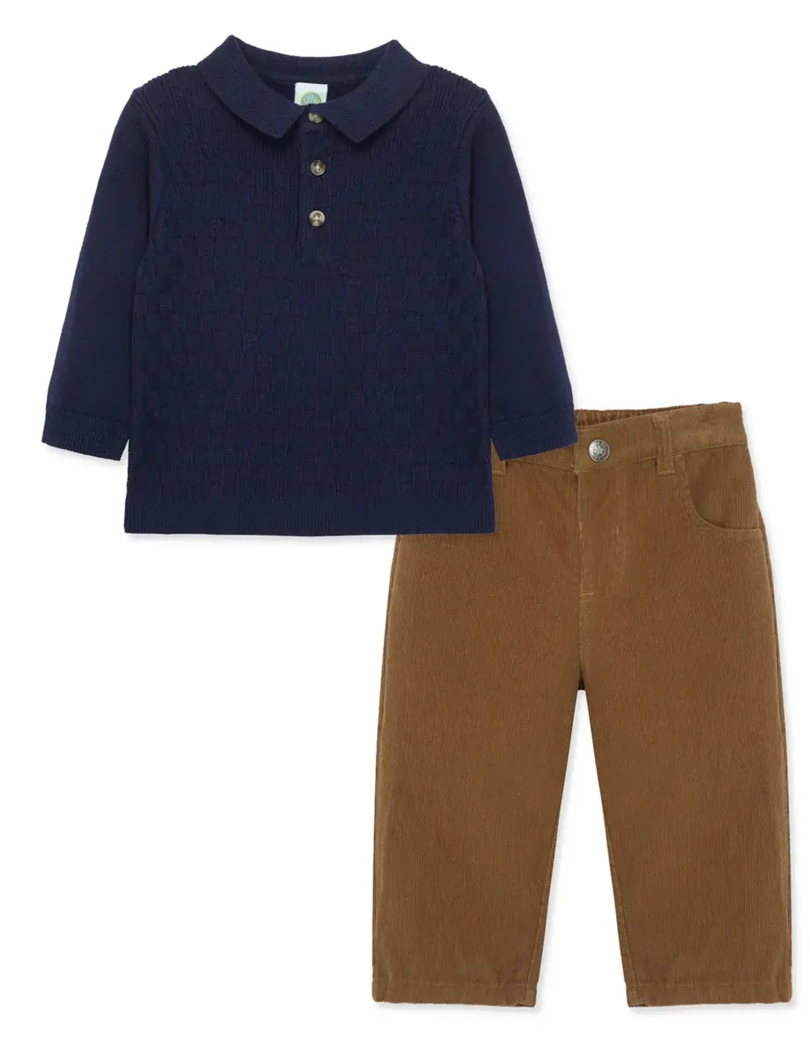 Little Me Textured Navy Sweater Polo Pant Set