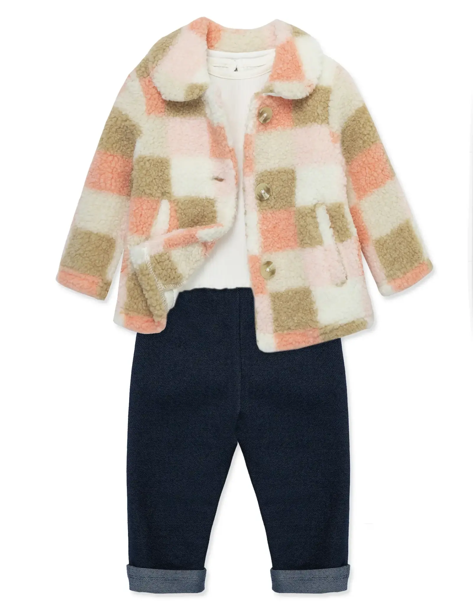 Little Me Pink Check Sherpa Jacket Set