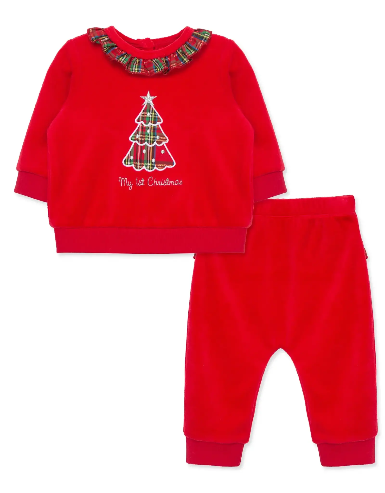 Little Me Plaid Tree Velour Pant Set