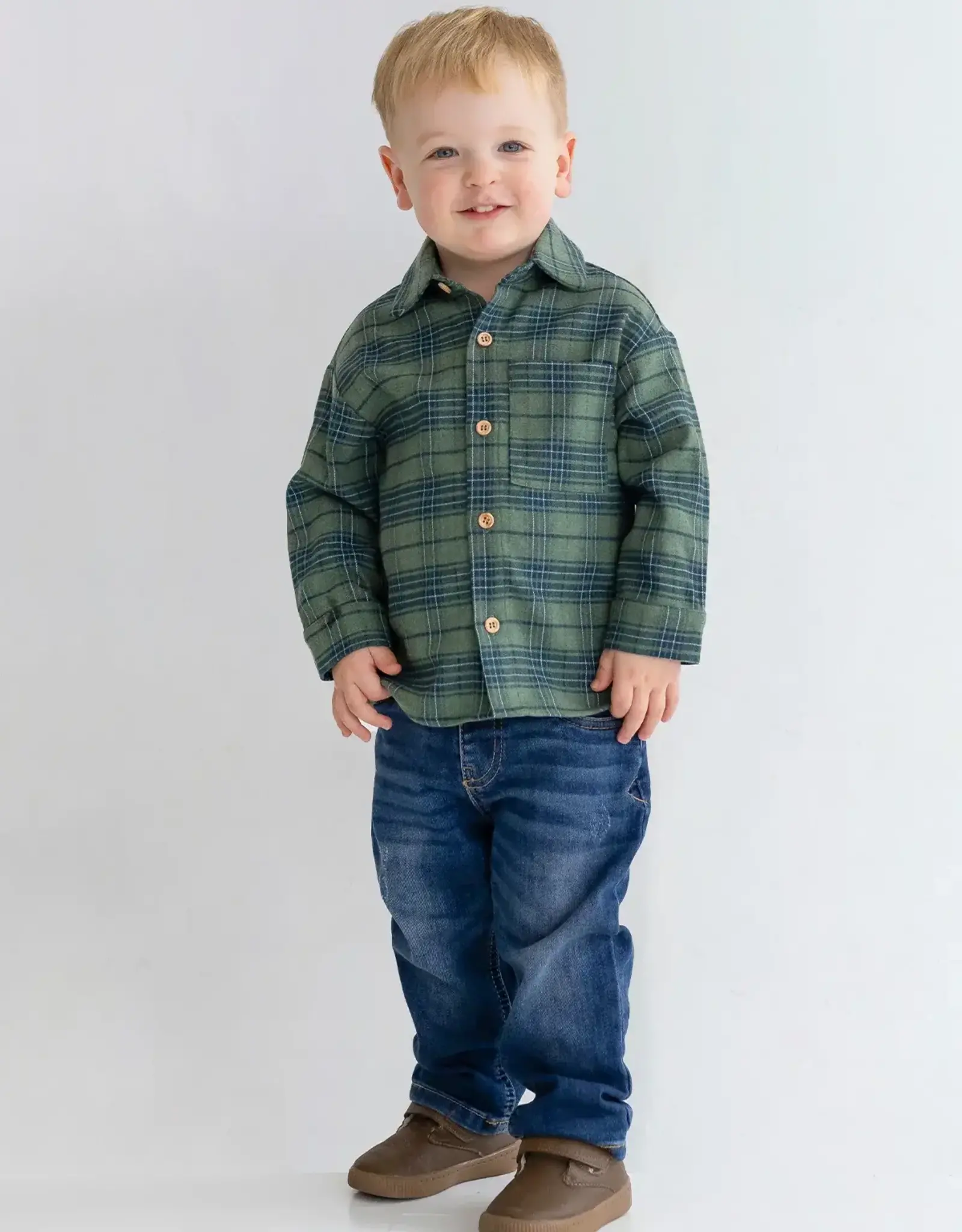 Beckett Bear Cozy Creatures Green Flannel Shirt