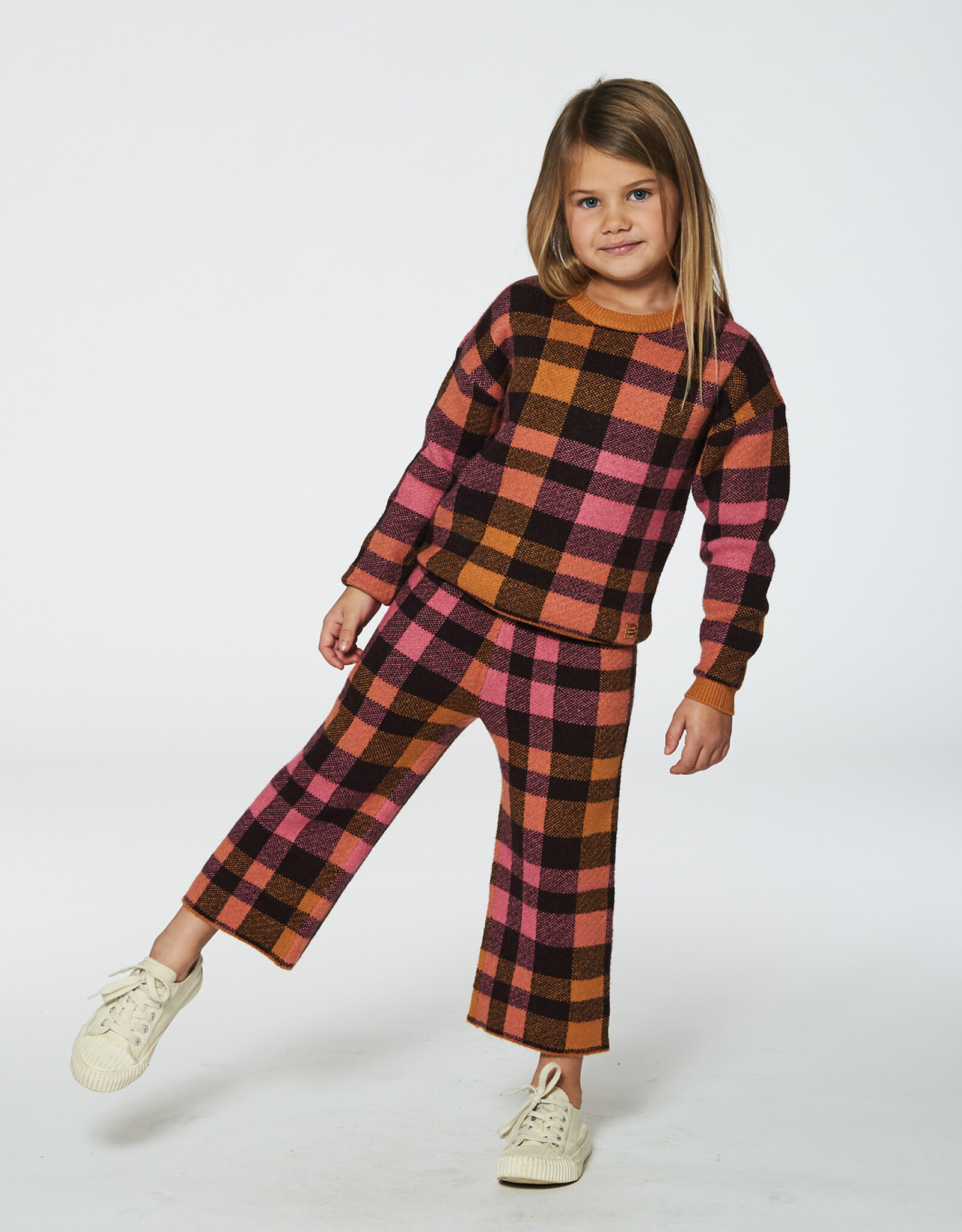 Deux Par Deux Plaid Pink & Brown Knitted Plaid 7/8 Pants