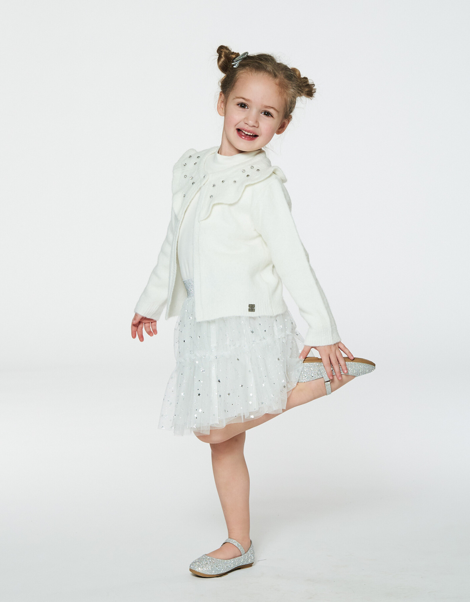 Deux Par Deux White Brushed Rib Mock Neck Long Sleeve Top