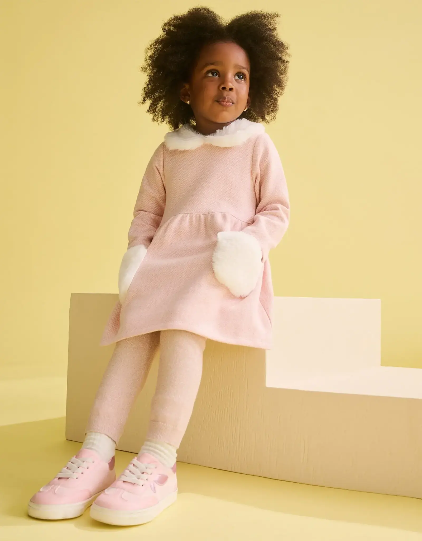 Hatley Rose Elegance Herringbone Fur Trim Dress