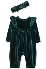 Little Me Green Holiday Velour Romper & Headband