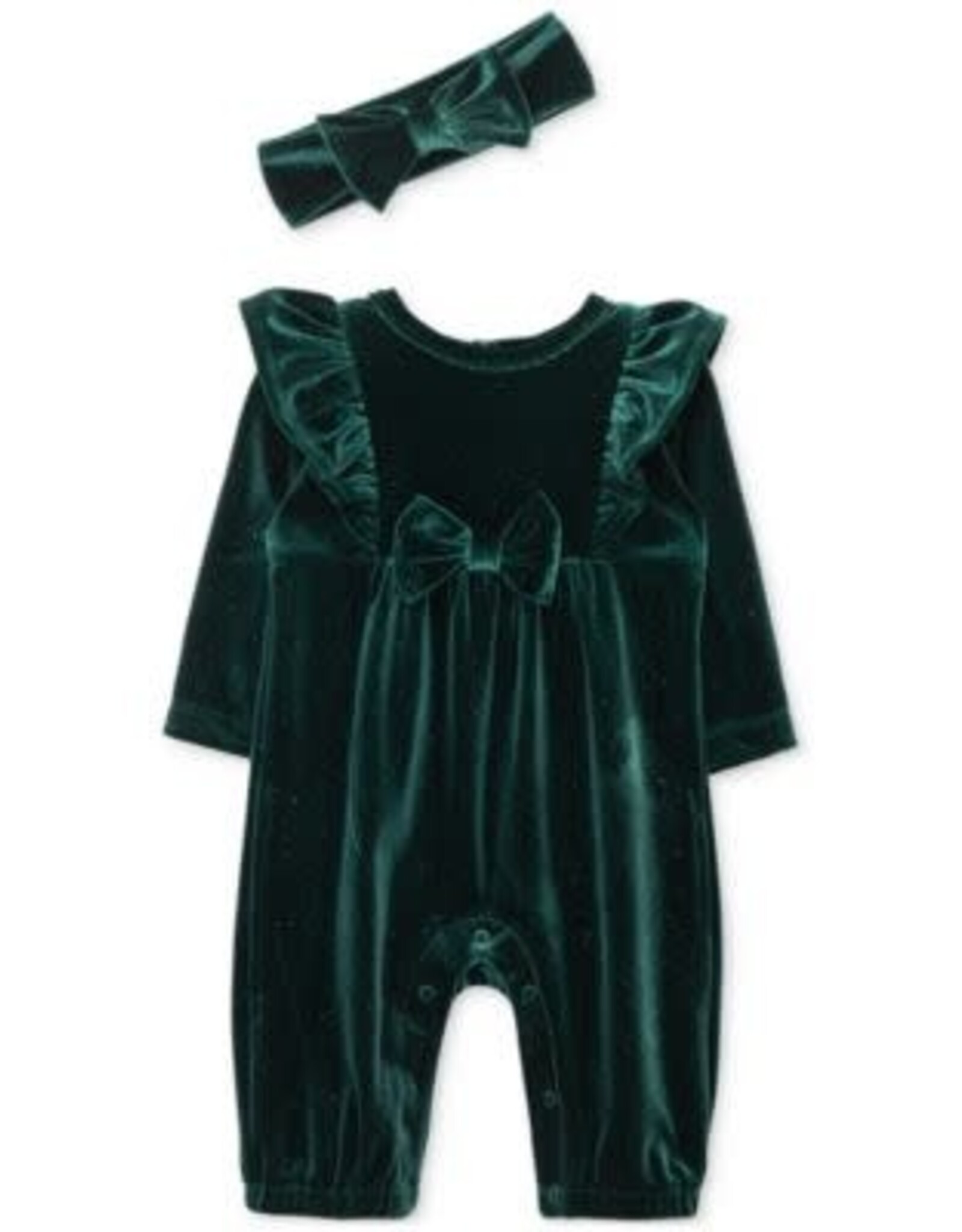 Little Me Green Holiday Velour Romper & Headband