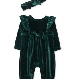 Little Me Green Holiday Velour Romper & Headband