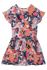 Deux Par Deux Flower Butterfly Short Sleeve Dress w/Knotted Front