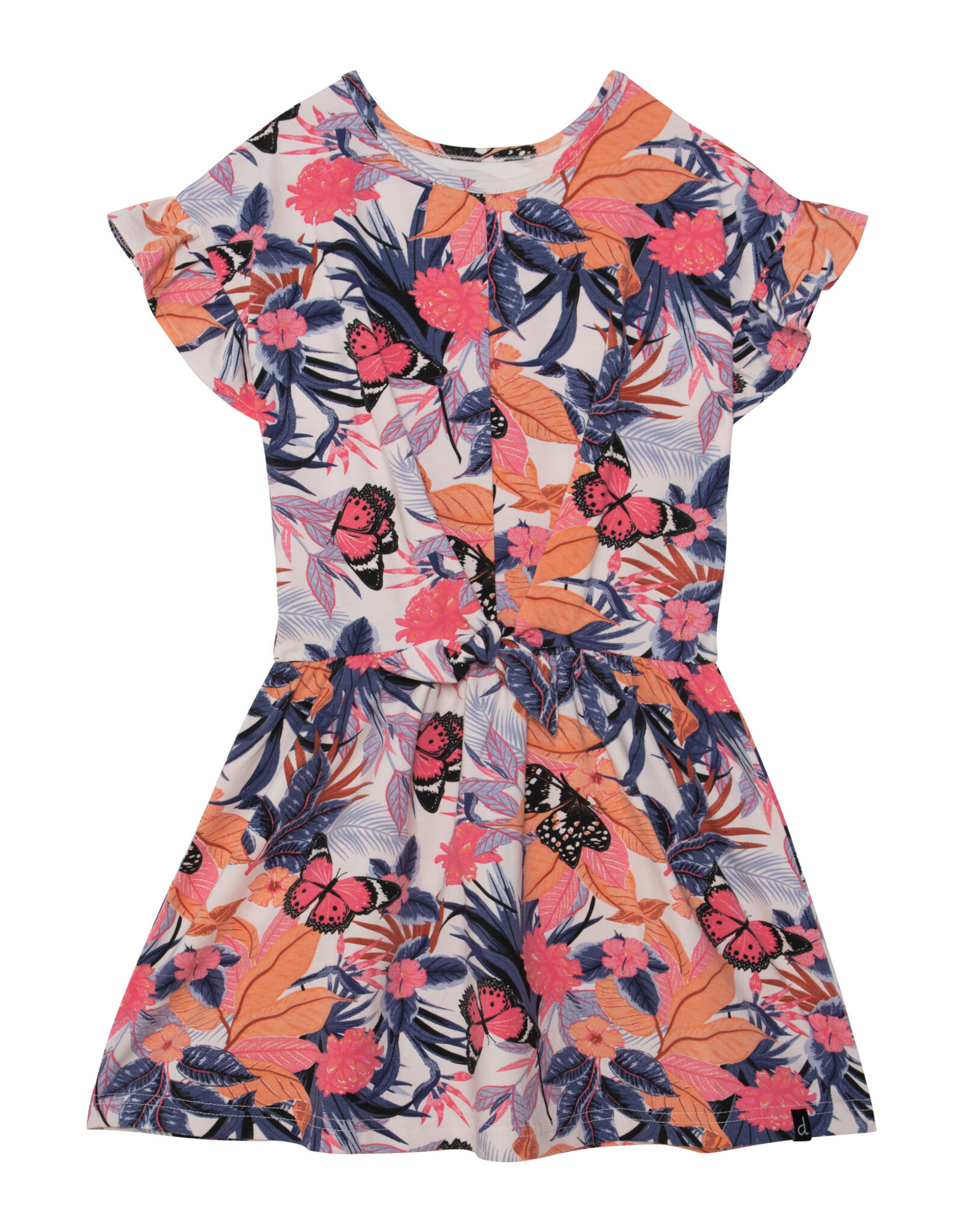 Deux Par Deux Flower Butterfly Short Sleeve Dress w/Knotted Front