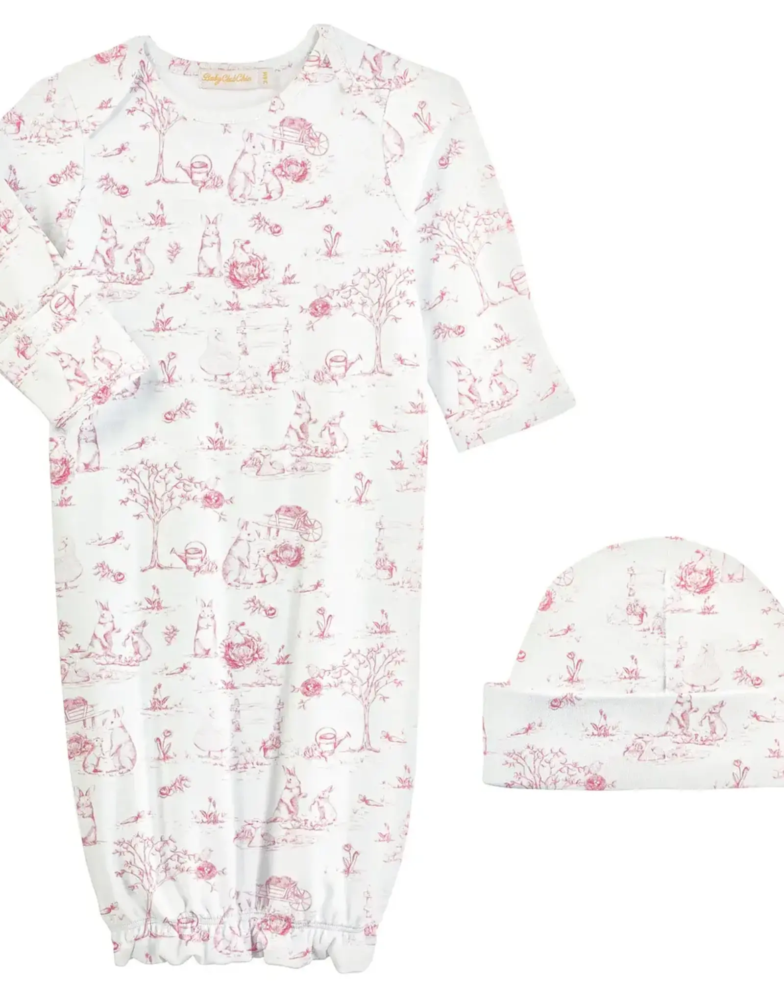 Baby Club Chic Pink Toile Bunnies Gown & Hat Set