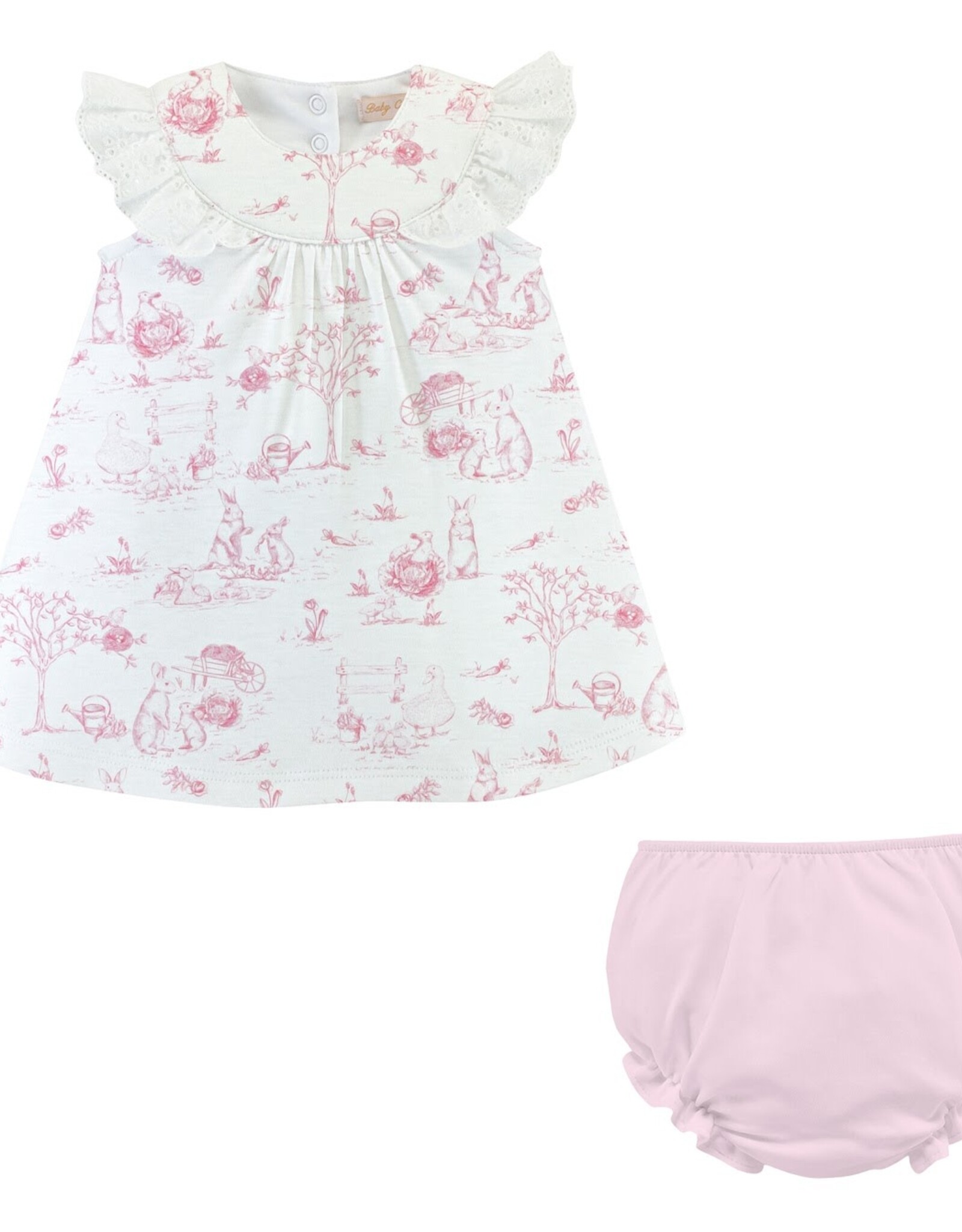 Baby Club Chic Pink Toile Bunnies Dress w/Ruffled Lace