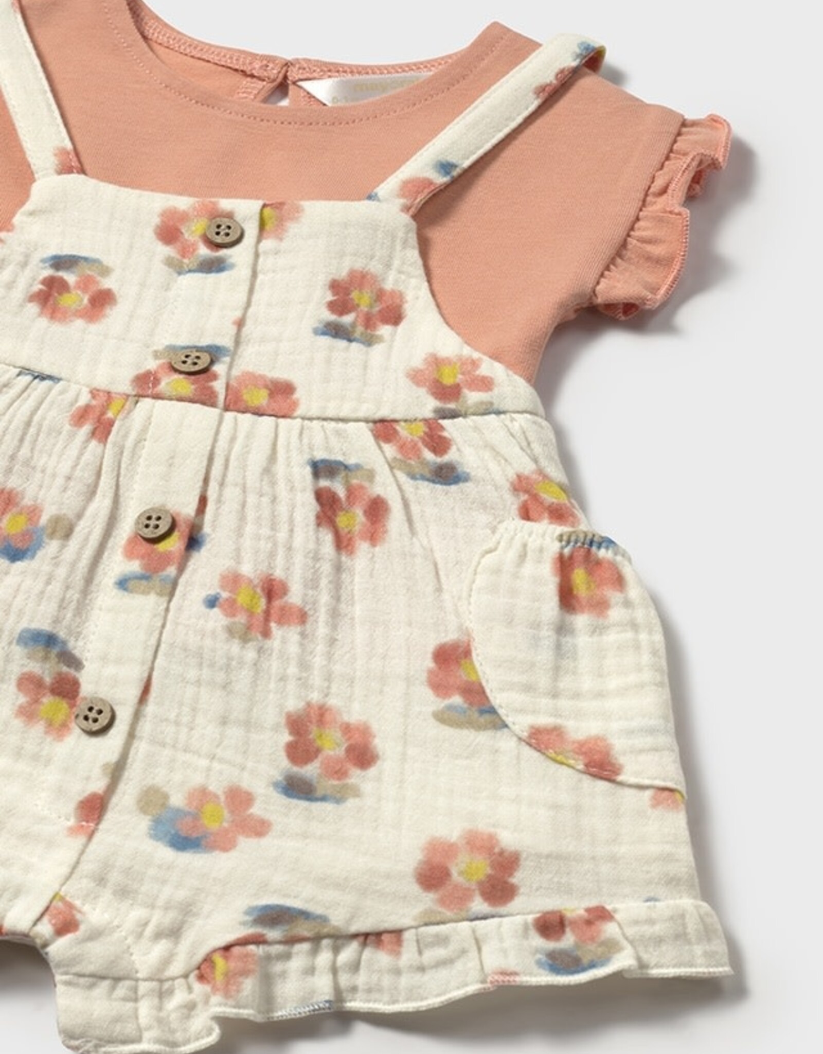 Mayoral Peach Flower Overall and Shirt Set