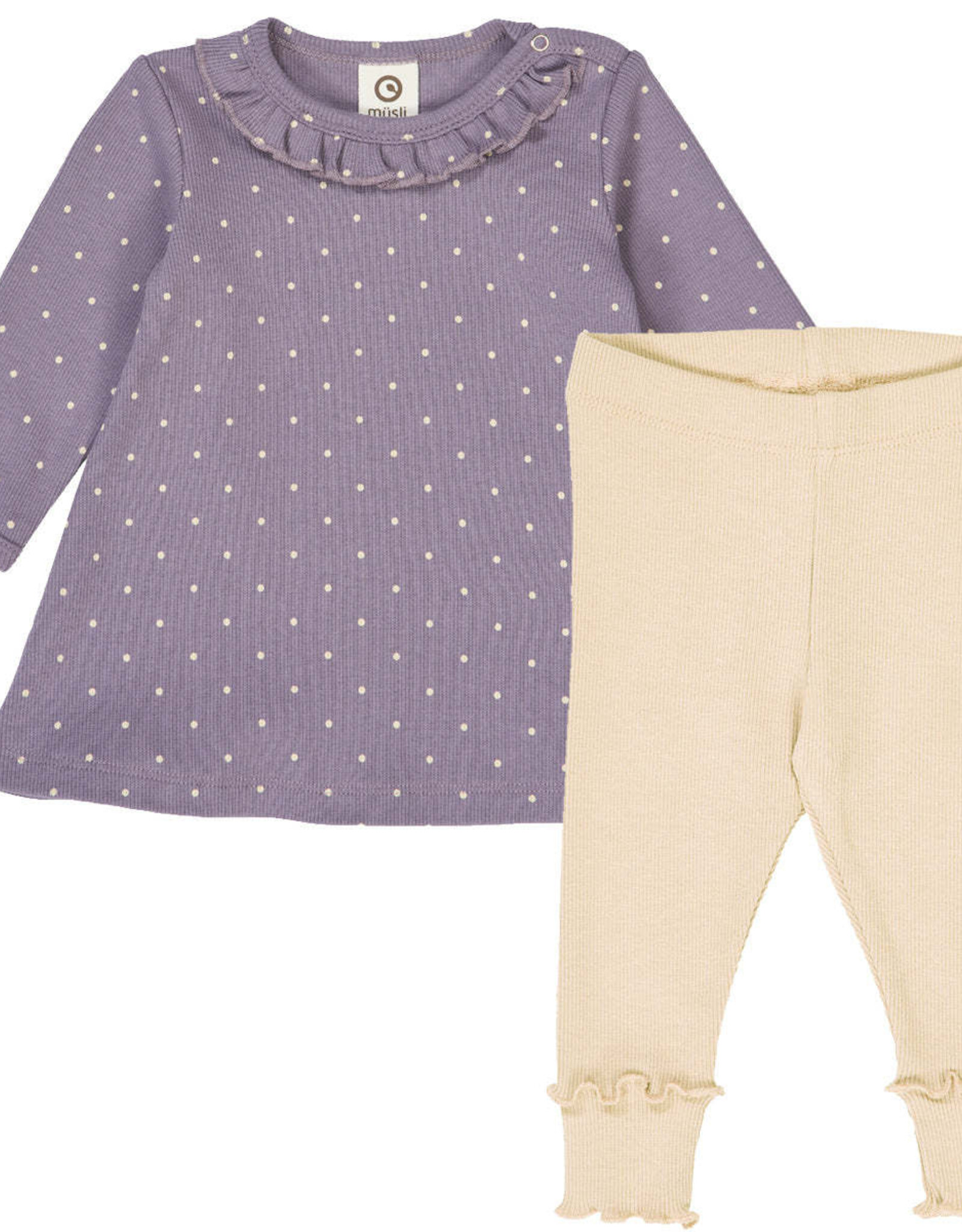 Green Cotton Lilac Fog Dot Rib Dress and Leggings Set